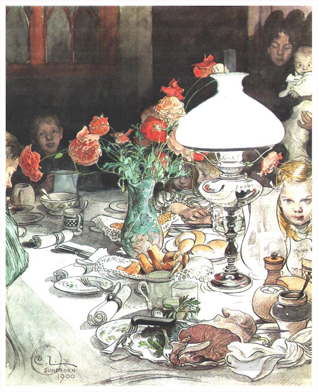around the lamp at evening 1900 Carl Larsson Oil Paintings